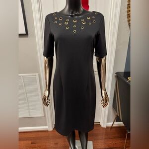 Ellen Tracy Black Midi Dress with Gold Accents